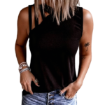 Women's Black Asymmetrical Cutout Sleeveless Tank Top with Multi-Strap Design, Casual Tee