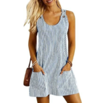Women's Blue & White Stripe Sleeveless Mini Dress with Pockets, Casual Scoop Neck Tank Dress