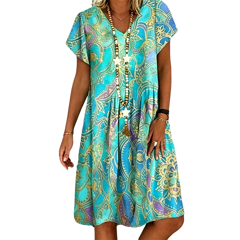 18 Women's Turquoise Paisley Print V-Neck Midi Dress with Short Sleeves, Casual Loose Fit Dress - Image 1