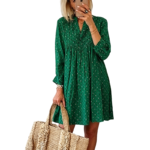Women's Green Floral Long Sleeve Mini Dress with V-Neck, Casual Flowy Tunic Dress