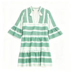 Women's Green & White Striped Bell Sleeve Mini Dress with V-Neck, Casual Tiered Tunic Dress