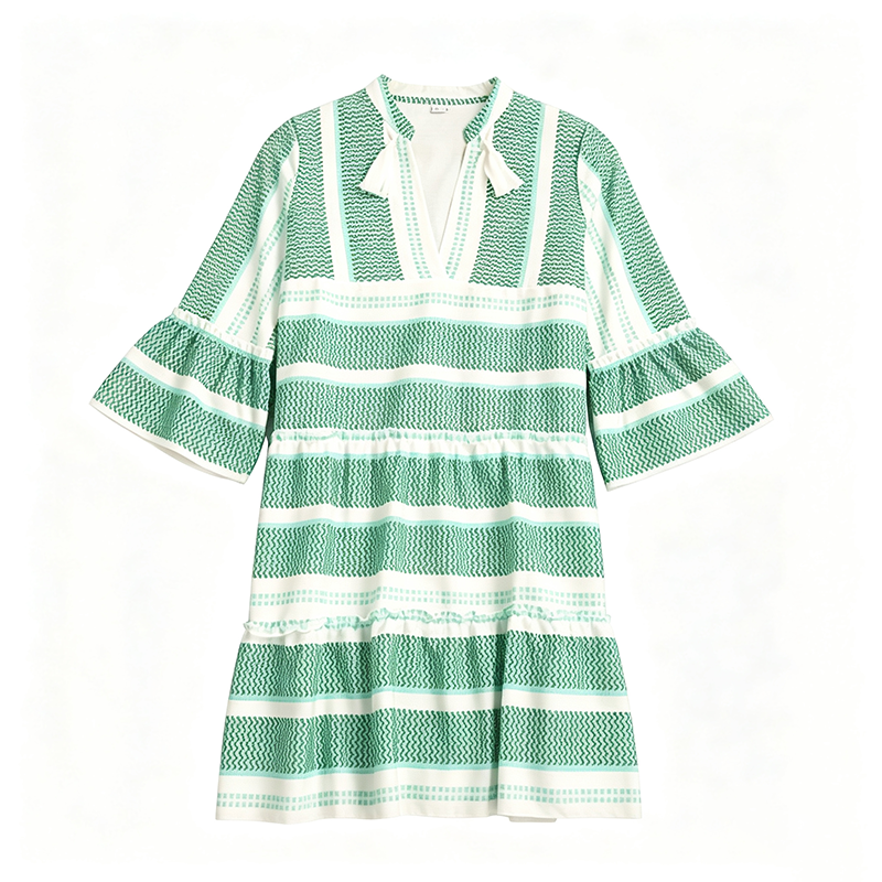 23 Women's Green & White Striped Bell Sleeve Mini Dress with V-Neck, Casual Tiered Tunic Dress - Image 1