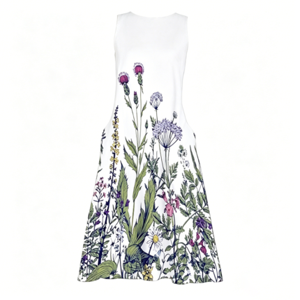 Women's White Botanical Print Sleeveless Maxi Dress, Floral Wildflower Print A-Line Dress