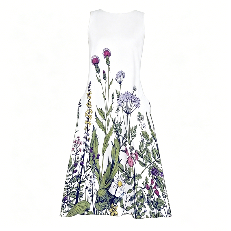 24 Women's White Botanical Print Sleeveless Maxi Dress, Floral Wildflower Print A-Line Dress - Image 1