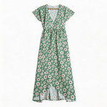 Women's Green Daisy Print V-Neck Maxi Dress with Short Sleeves, Casual Wrap Front Floral Long Dress