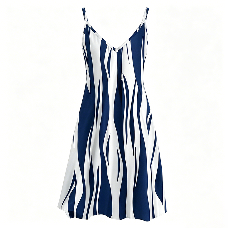 26 Women's Navy Blue & White Abstract Stripe V-Neck Slip Dress, Sleeveless A-Line Mini Dress - Image 1