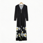 Women's Black Daisy Print Long Sleeve Maxi Dress with Half-Zipper V-Neck, Casual Floral Long Dress